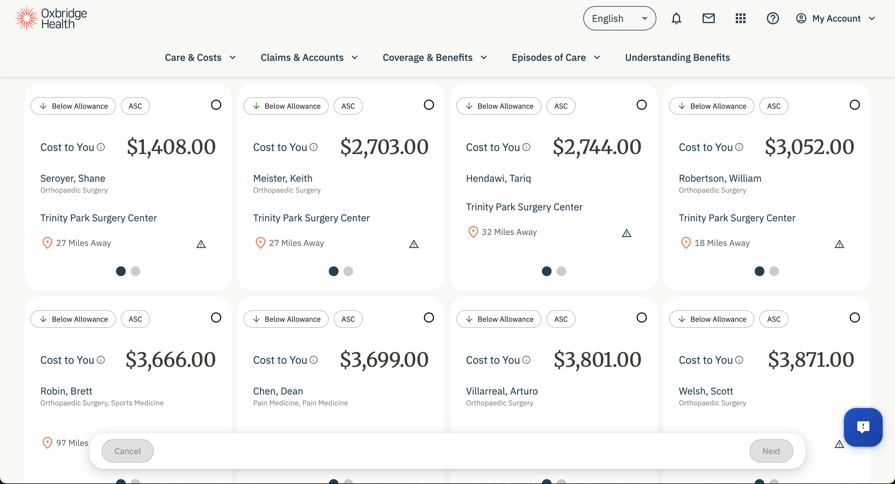 Cost of Care Transparency - showing price comparison for healthcare services
